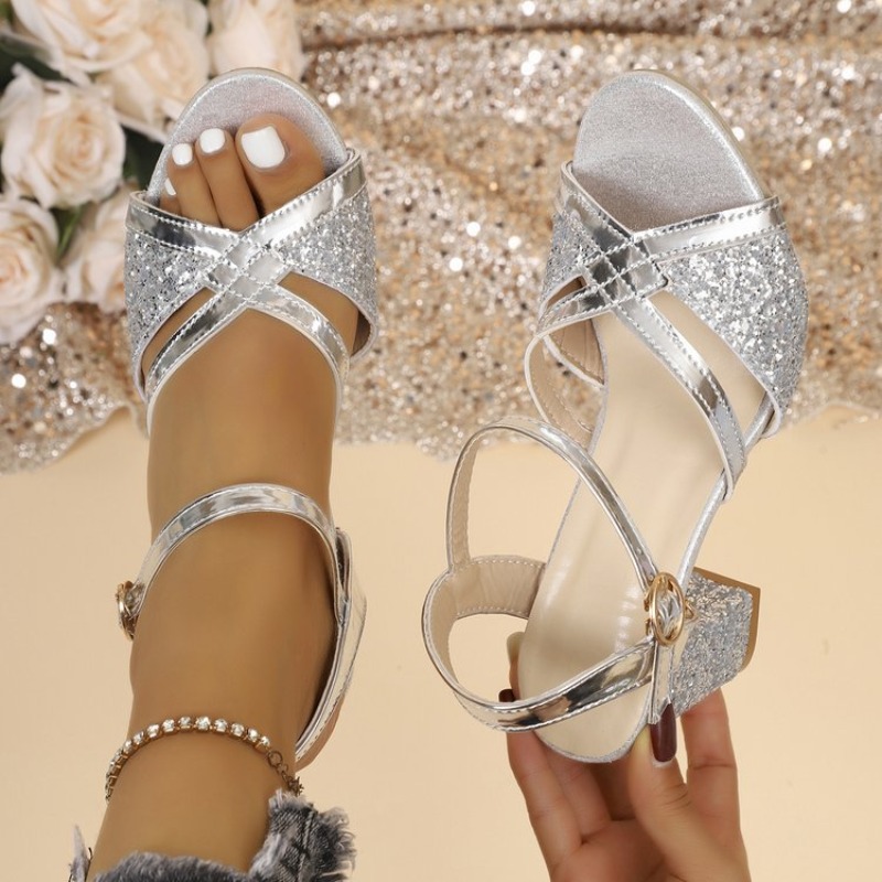 Women Formal Wear For Wedding - 여성 블록 힐 샌들 골드 반짝이