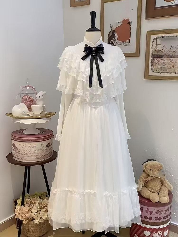 Women Formal Wear Winter - 일본식 반소매 리본 레이스 드레스 화이트