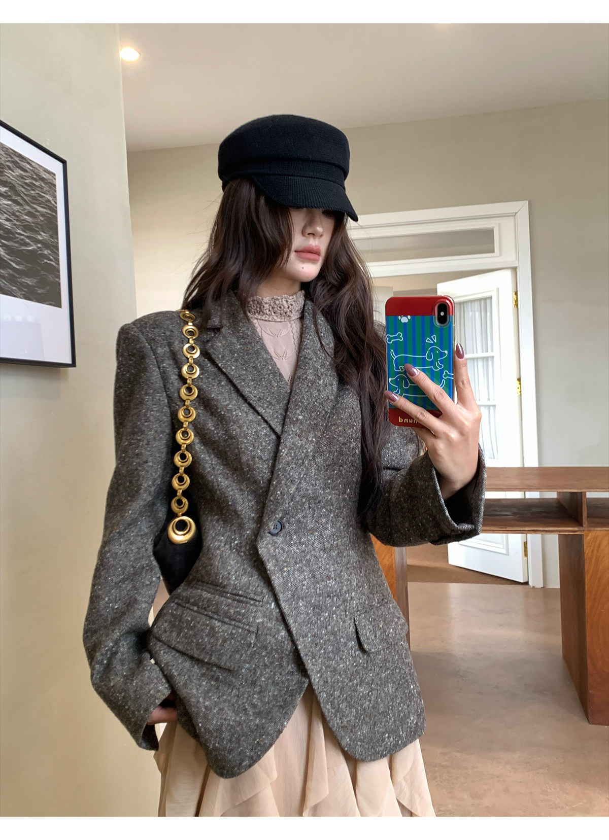 Tailored Coat Wool - 【MAR】여성 빈티지 지적인 그레이 블레이저 비대칭
