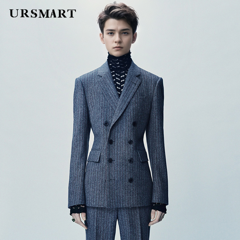 Tailored Coat Wool - 남성용 더블 브레스트 고품질 울 그레이