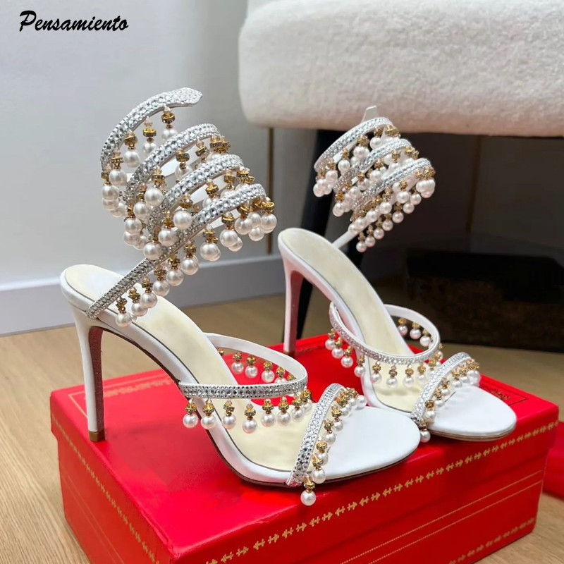 Women Formal Wear For Wedding - 럭셔리 라인스톤 진주 태슬 여성 글래디에이터
