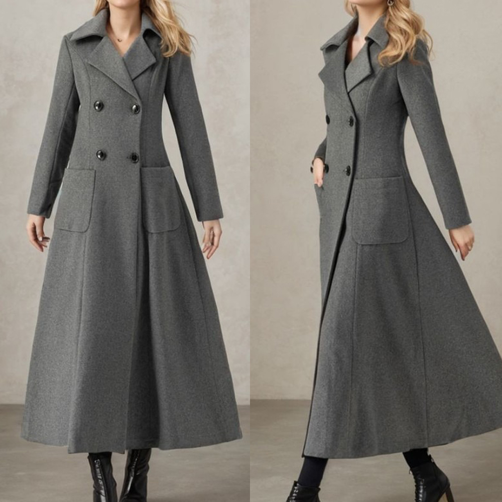 Tailored Coat Wool - 여성용 회색 롱 재킷 울 더블