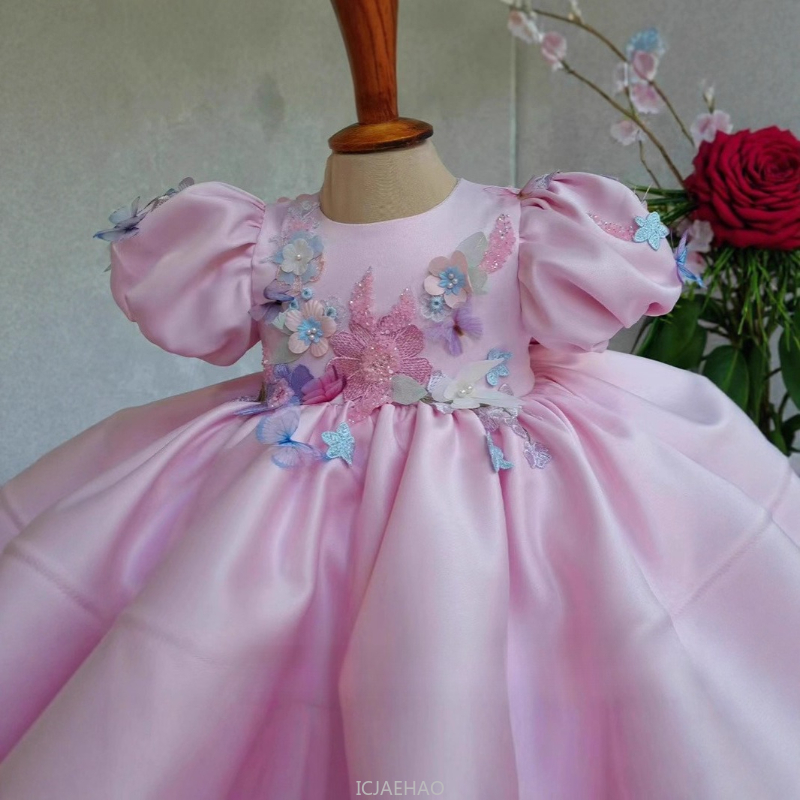 새로운 키즈 새틴 드레스 버블 소매 공주 1 생일 공연 - Women'S Formal Wear For Girls 리뷰 및 가격